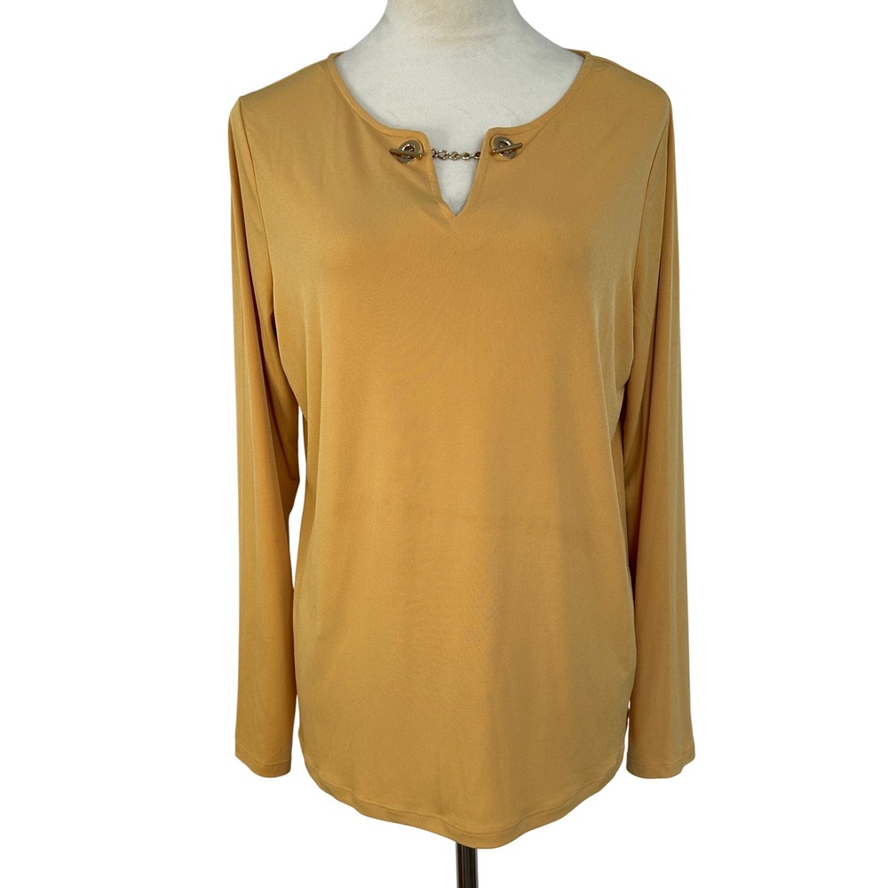 Tahari Long Sleeve Top Chain Detail V-Neck Blouse Elegant Gold Women‎ Large